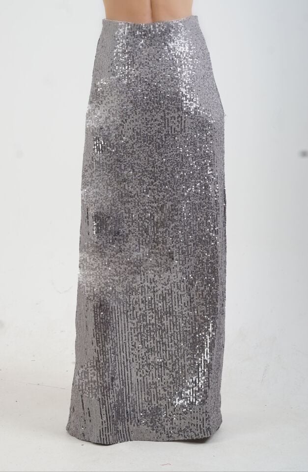 Gri Pul Payetli Yarım Astarlı Maxi Etek