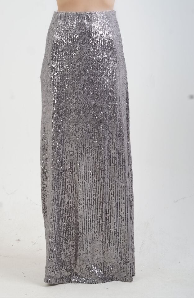 Gri Pul Payetli Yarım Astarlı Maxi Etek