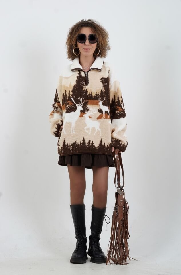 Kahve Ekru Geyik Desenli Polar Sweatshirt
