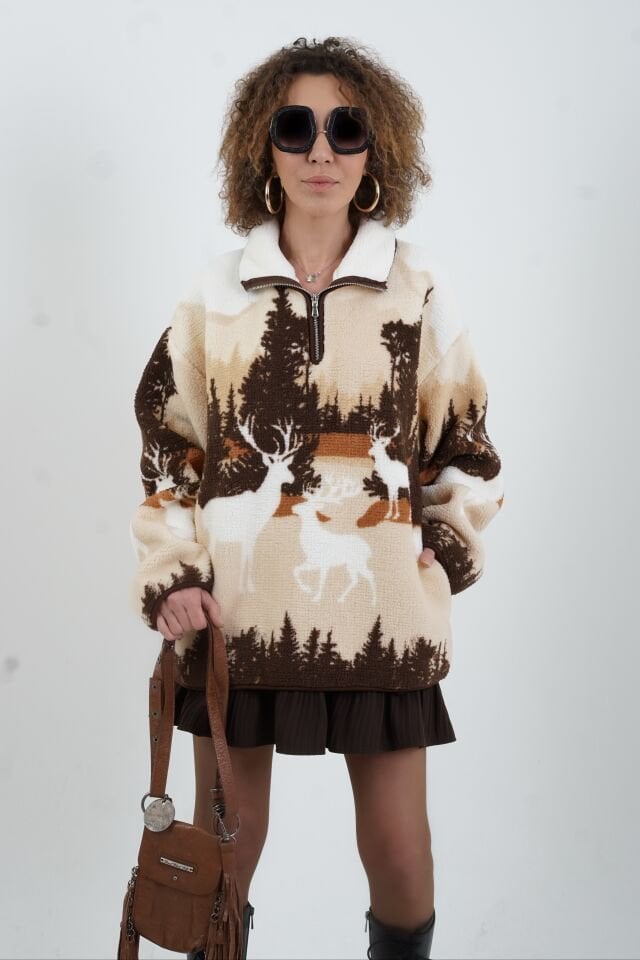 Kahve Ekru Geyik Desenli Polar Sweatshirt