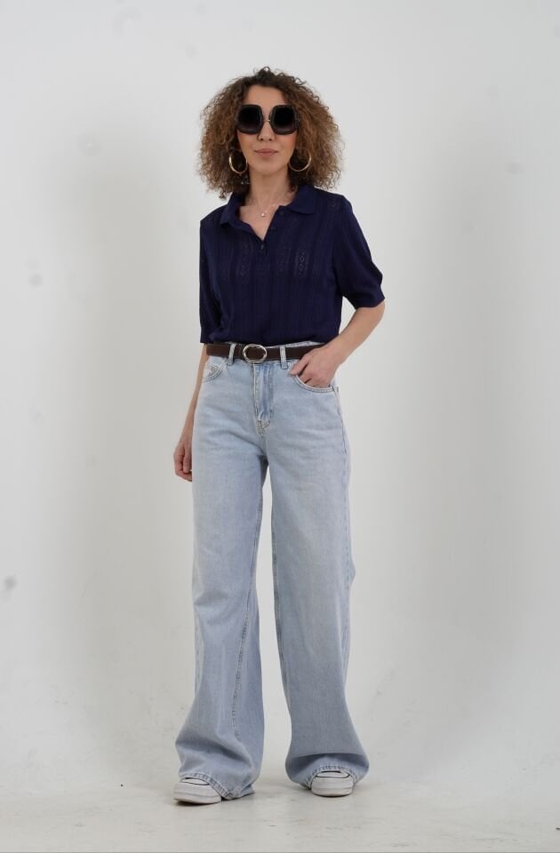 Lacivert Polo Yaka Ajurlu Kısa Kol Kazak