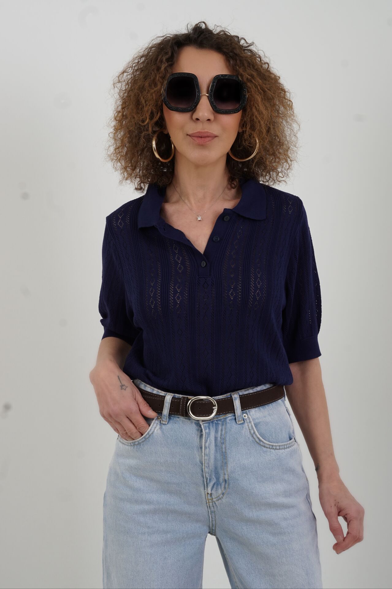 Lacivert Polo Yaka Ajurlu Kısa Kol Kazak