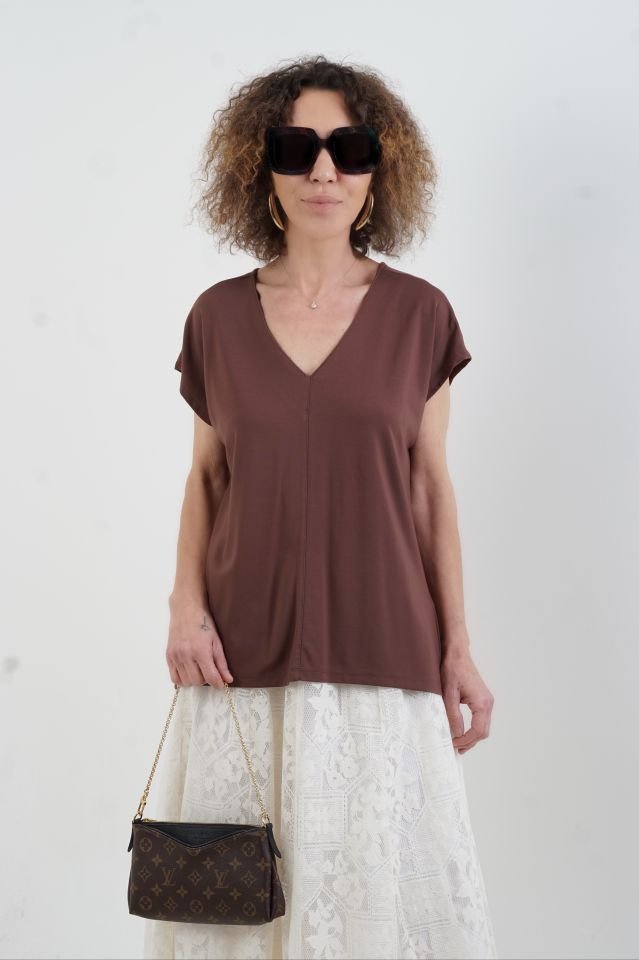 Kahve V Yaka Japone Kol Bluz