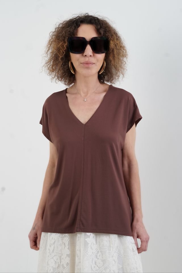 Kahve V Yaka Japone Kol Bluz