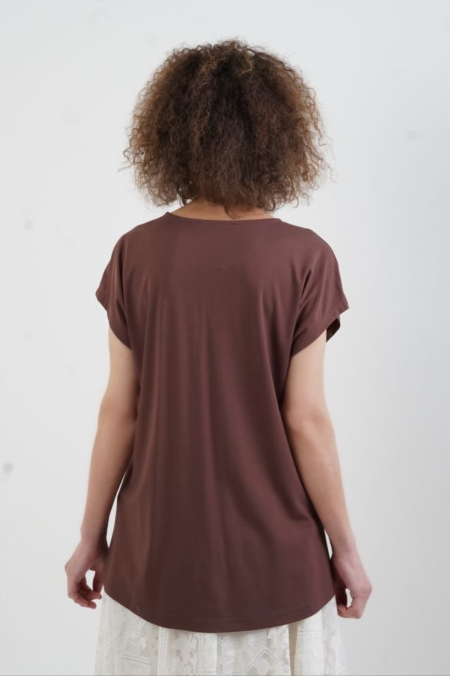 Kahve V Yaka Japone Kol Bluz