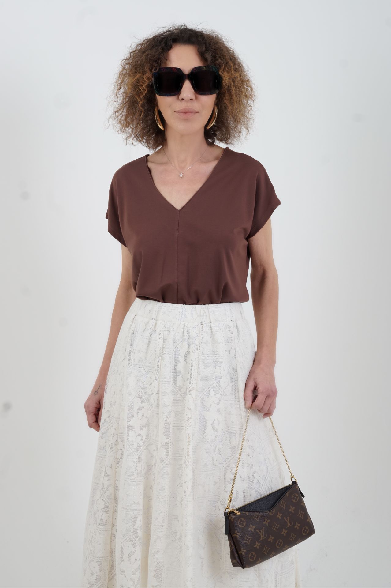 Kahve V Yaka Japone Kol Bluz