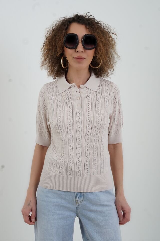 Bej Polo Yaka Ajurlu Kısa Kol Kazak