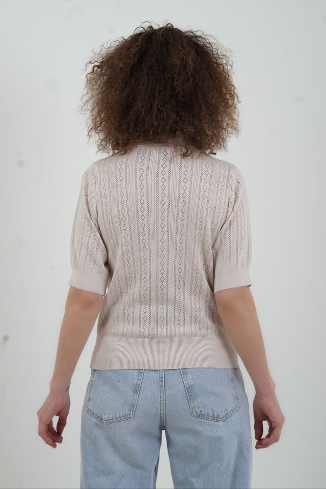 Bej Polo Yaka Ajurlu Kısa Kol Kazak