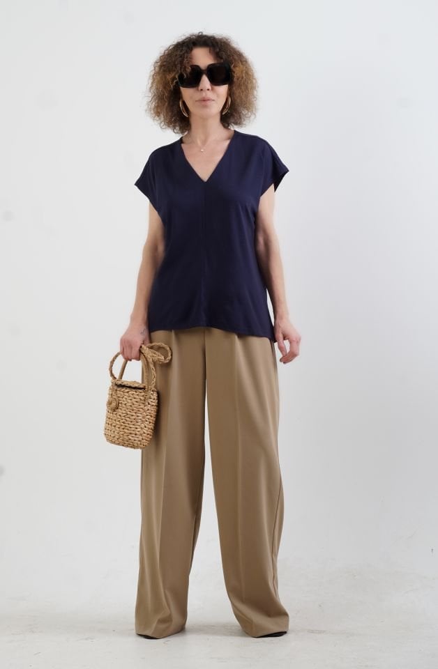 Lacivert V Yaka Japone Kol Bluz