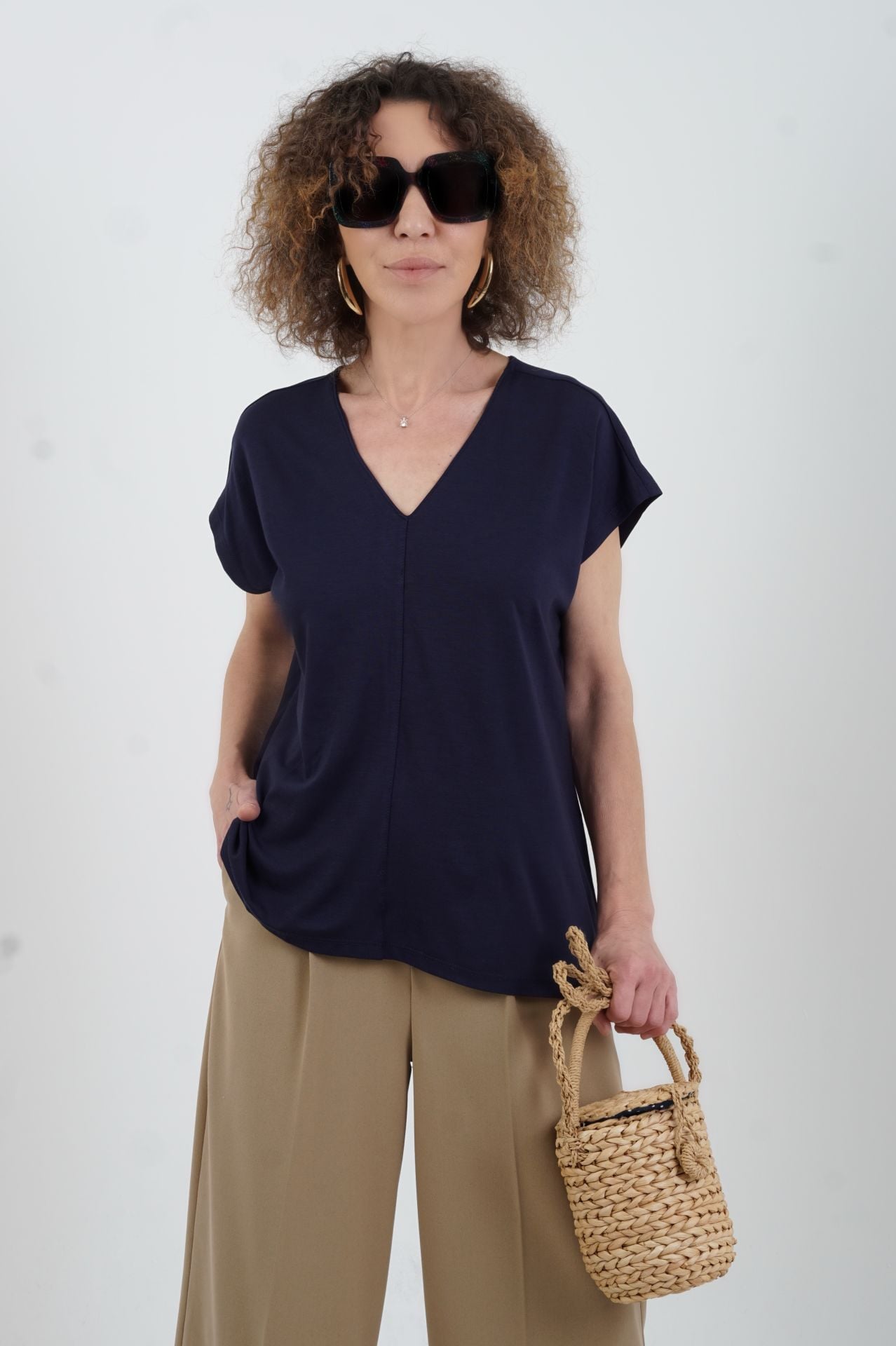 Lacivert V Yaka Japone Kol Bluz