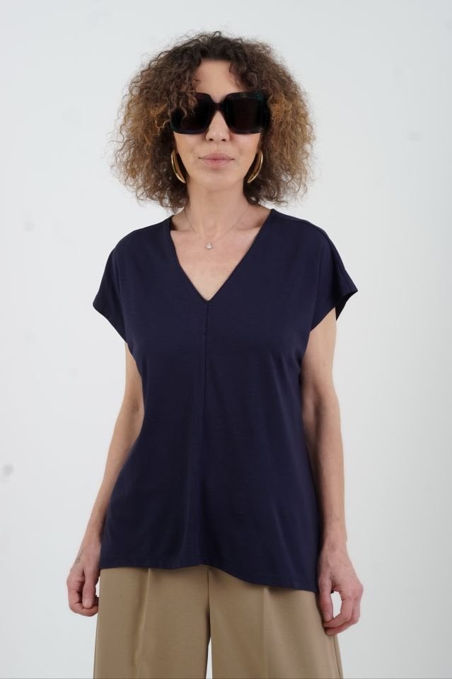 Lacivert V Yaka Japone Kol Bluz