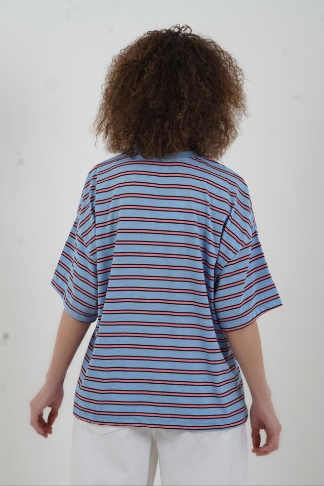 Mavi O Yaka Çizgili Tshirt