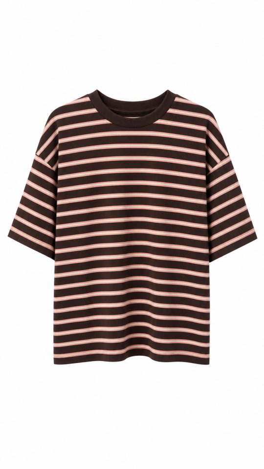 Kahve O Yaka Çizgili Tshirt