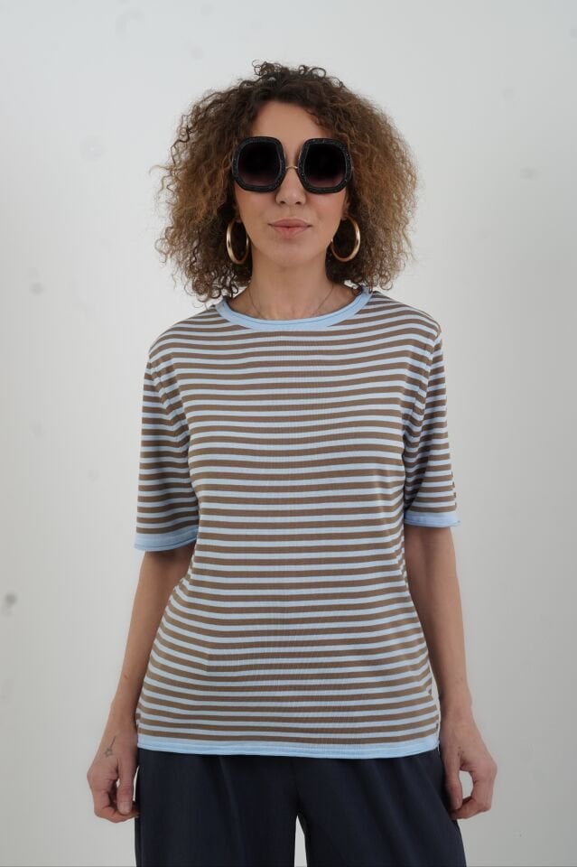 Bebe Mavi Koyu Camel Bisiklet Yaka İnce Çizgili Kısa Kol Kazak