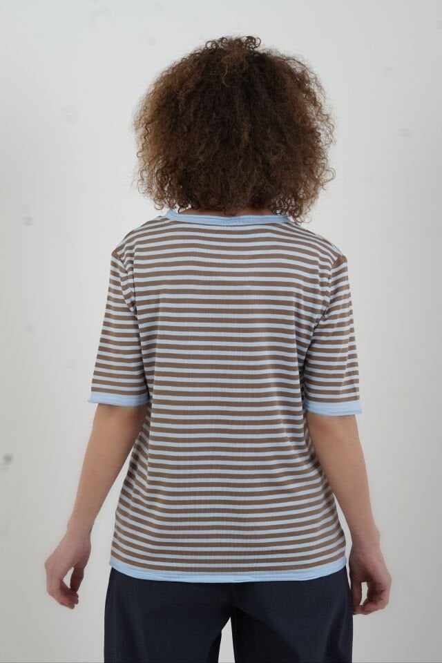 Bebe Mavi Koyu Camel Bisiklet Yaka İnce Çizgili Kısa Kol Kazak