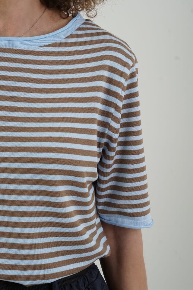 Bebe Mavi Koyu Camel Bisiklet Yaka İnce Çizgili Kısa Kol Kazak