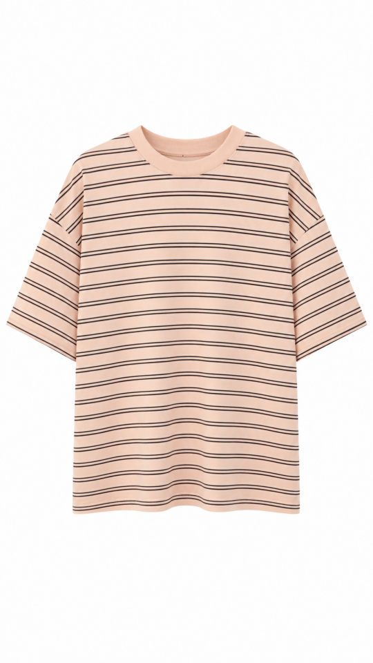 Pembe O Yaka Çizgili Tshirt