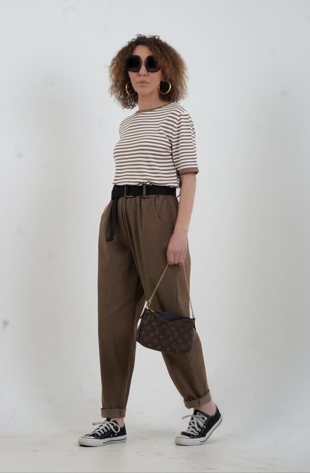 Sütlü Kahve Ekru Bisiklet Yaka İnce Çizgili Kısa Kol Kazak