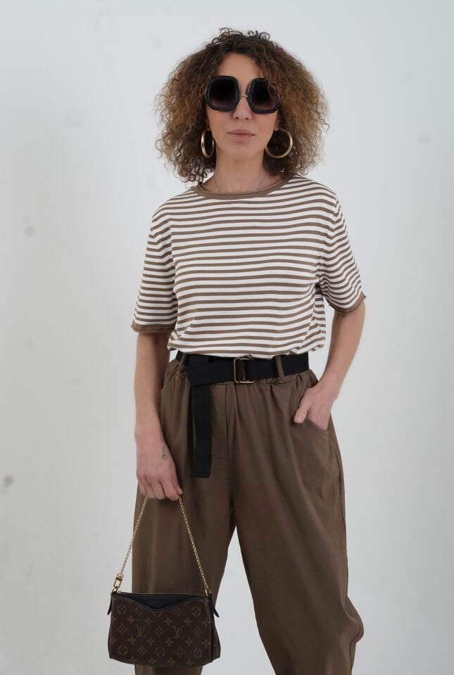 Sütlü Kahve Ekru Bisiklet Yaka İnce Çizgili Kısa Kol Kazak