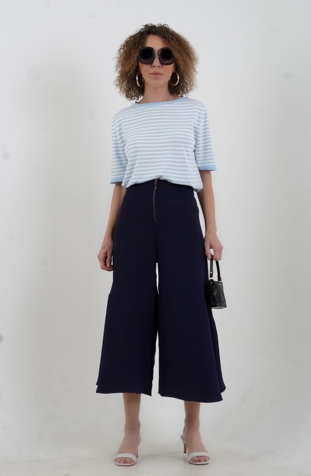 Bebe Mavi Ekru Bisiklet Yaka İnce Çizgili Kısa Kol Kazak