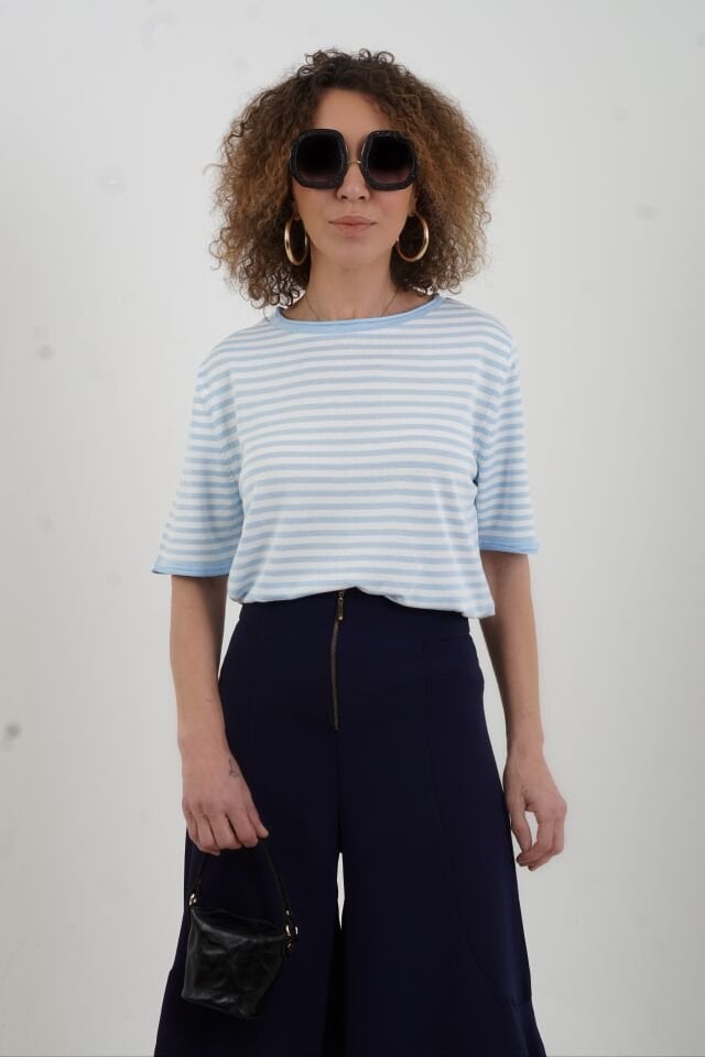 Bebe Mavi Ekru Bisiklet Yaka İnce Çizgili Kısa Kol Kazak