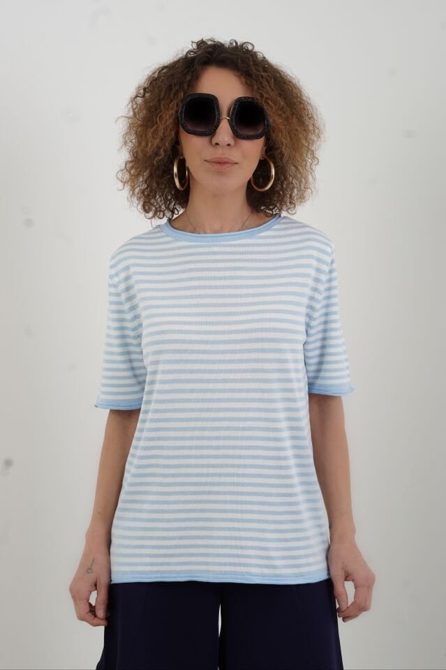 Bebe Mavi Ekru Bisiklet Yaka İnce Çizgili Kısa Kol Kazak