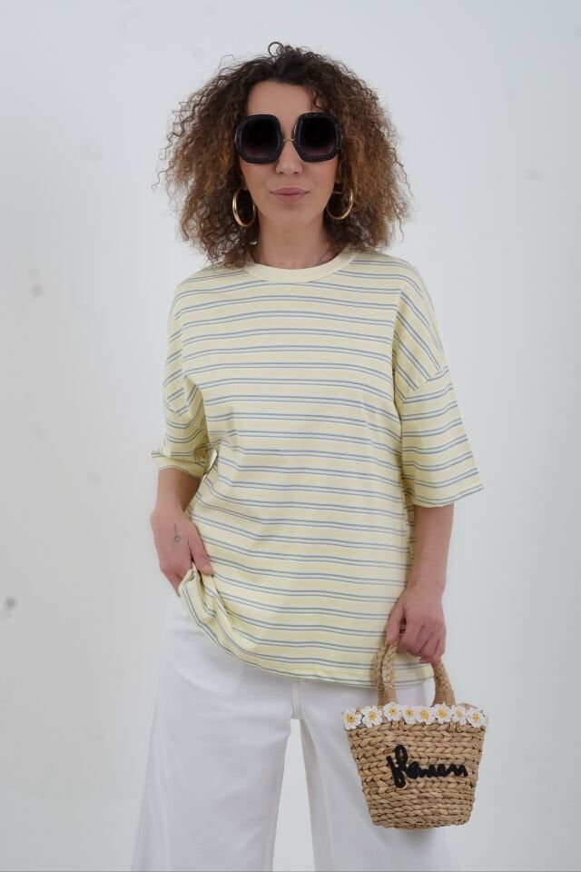 Sarı O Yaka Çizgili Tshirt