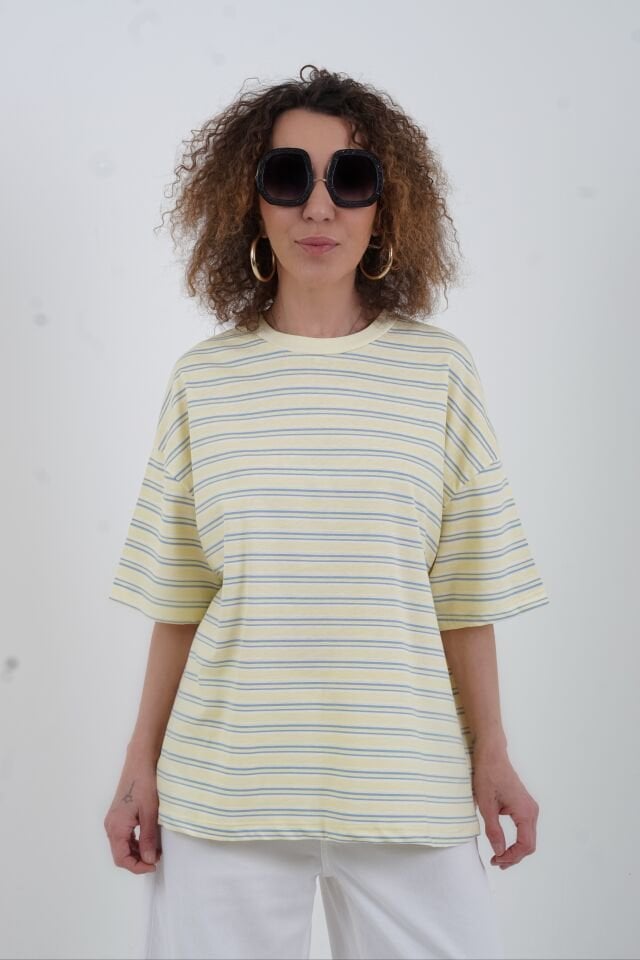 Sarı O Yaka Çizgili Tshirt