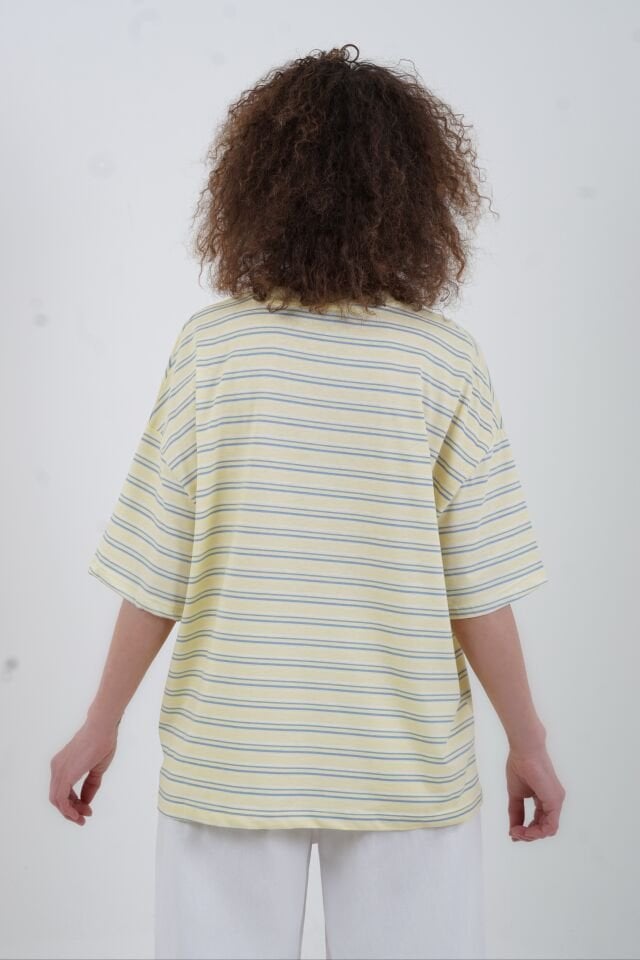 Sarı O Yaka Çizgili Tshirt
