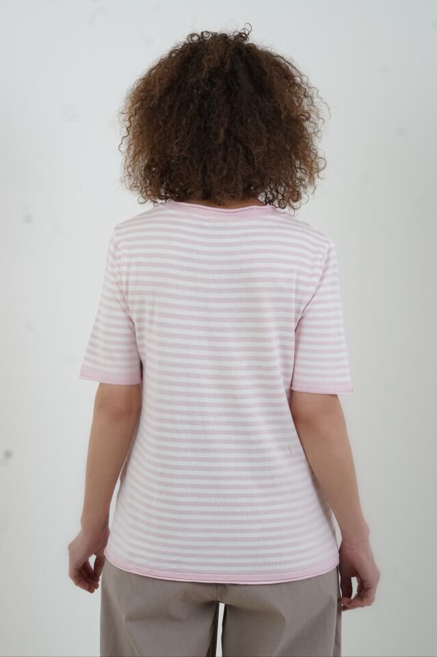 Pembe Ekru Bisiklet Yaka İnce Çizgili Kısa Kol Kazak