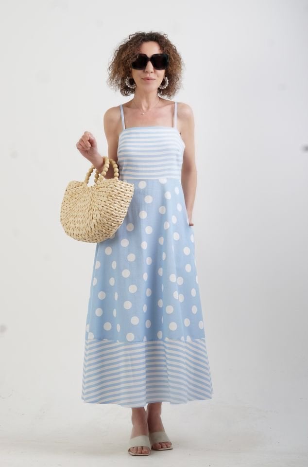 Mavi Puantiye Askılı Keten Elbise