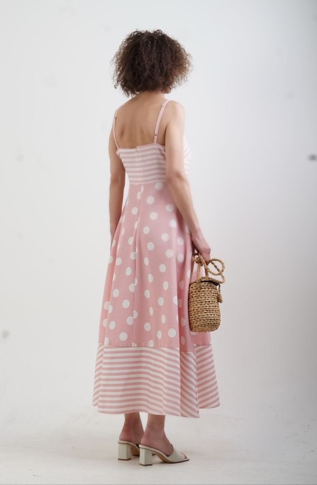 Pembe Puantiye Askılı Keten Elbise