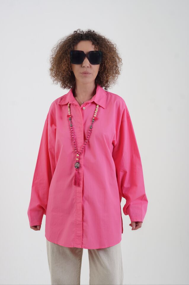 Fuşya Kolu Sedef Düğmeli Oversize Gömlek