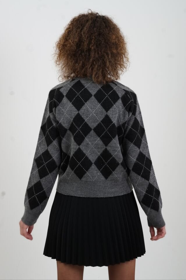 Füme Baklava Desenli Kazak