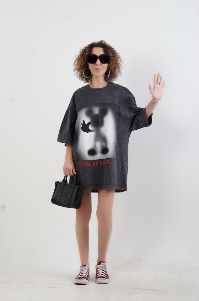 Antrasit Gölge Baskı Soluk Efektli Oversize Tshirt