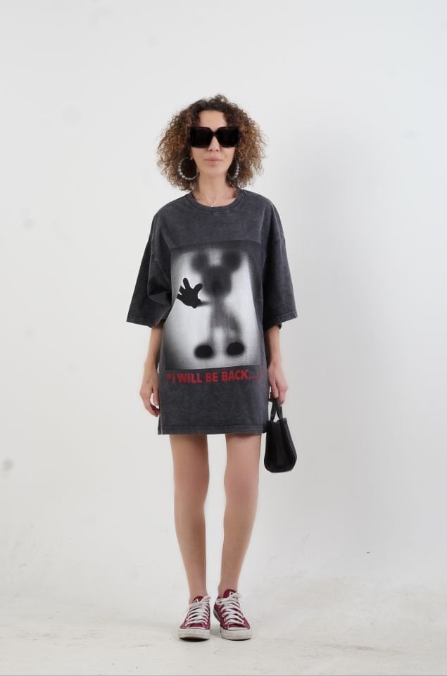 Antrasit Gölge Baskı Soluk Efektli Oversize Tshirt