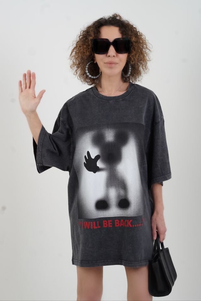 Antrasit Gölge Baskı Soluk Efektli Oversize Tshirt