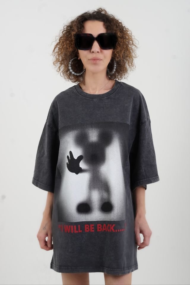 Antrasit Gölge Baskı Soluk Efektli Oversize Tshirt