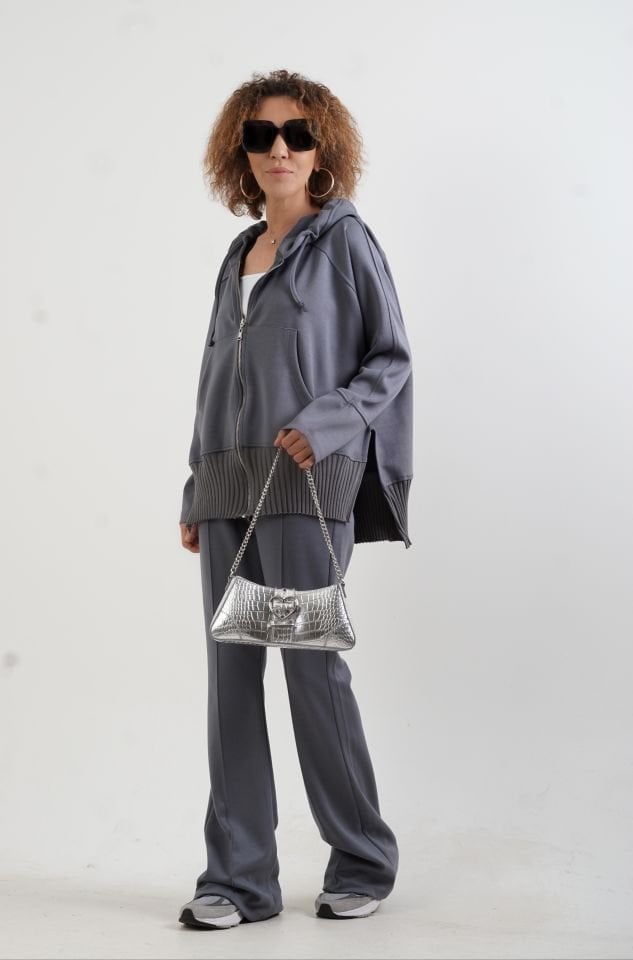 Füme Fermuarlı Modal Sweatshirt Pantolon Takım