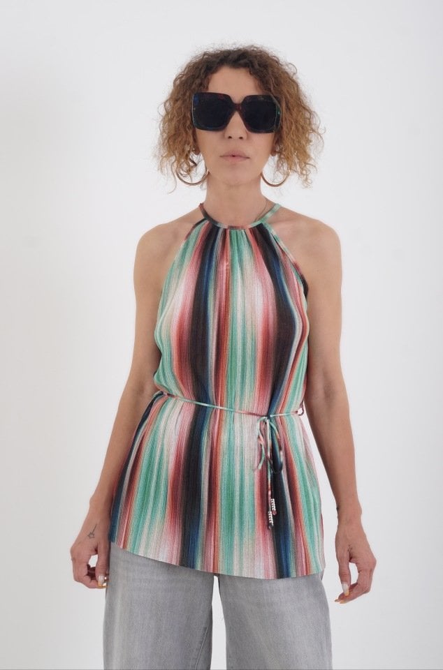 Çizgili Halter Yaka Bluz