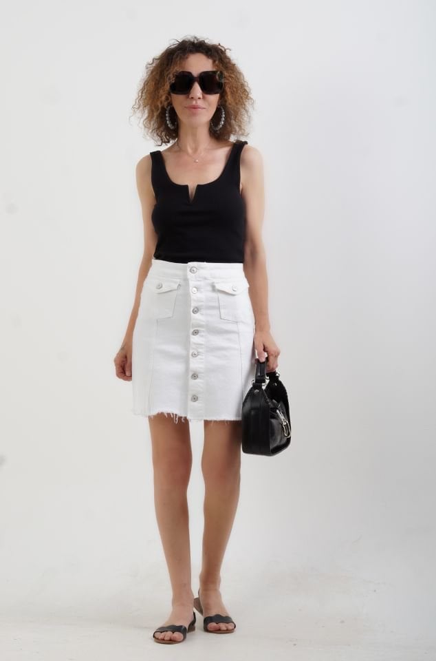 Beyaz Yüksek Bel Düğmeli Denim Mini Etek