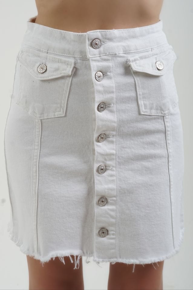 Beyaz Yüksek Bel Düğmeli Denim Mini Etek