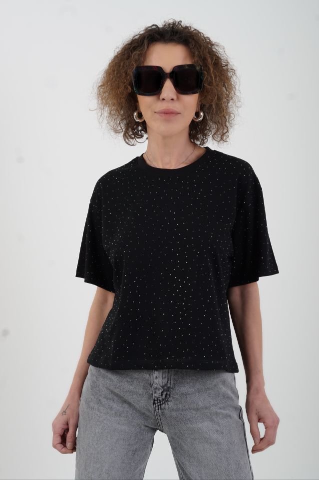 Siyah Taşlı Kısa Tshirt