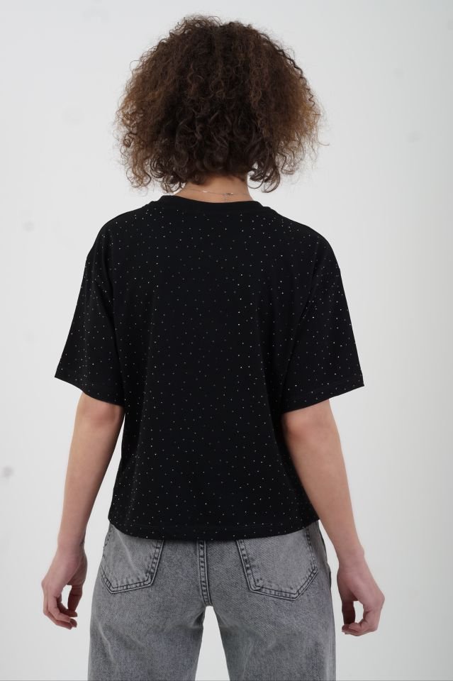 Siyah Taşlı Kısa Tshirt