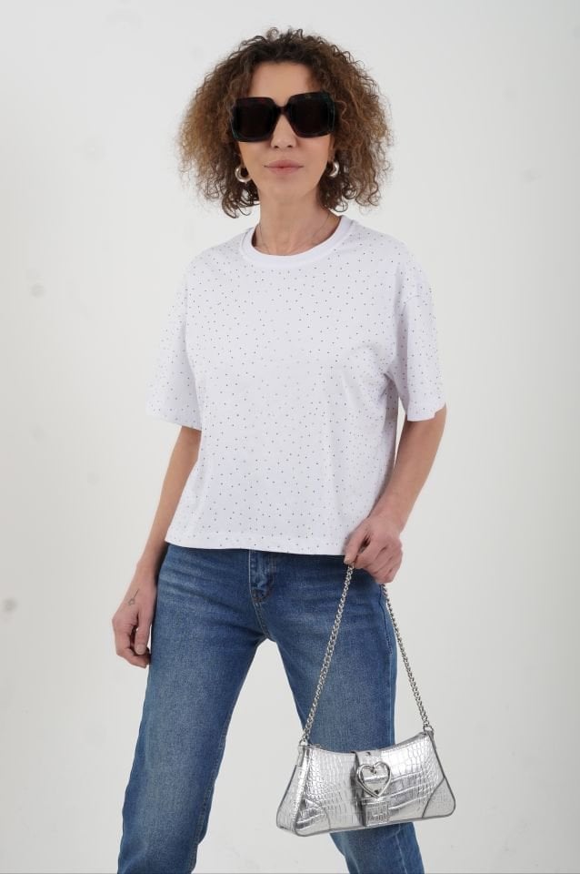 Beyaz Taşlı Kısa Tshirt