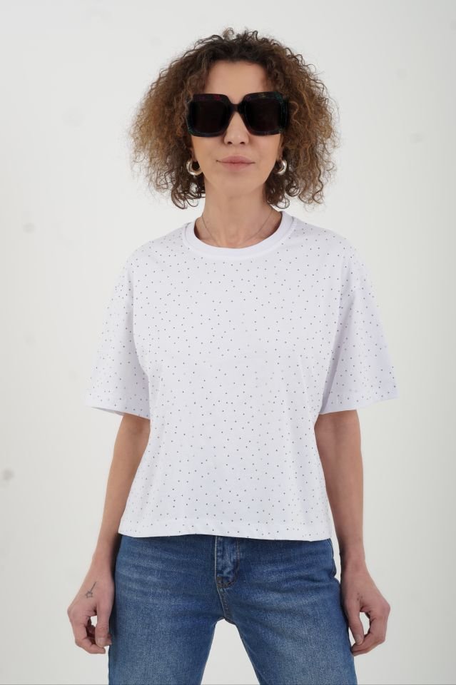 Beyaz Taşlı Kısa Tshirt
