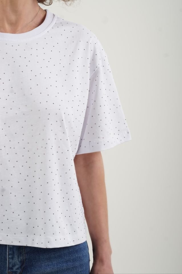 Beyaz Taşlı Kısa Tshirt