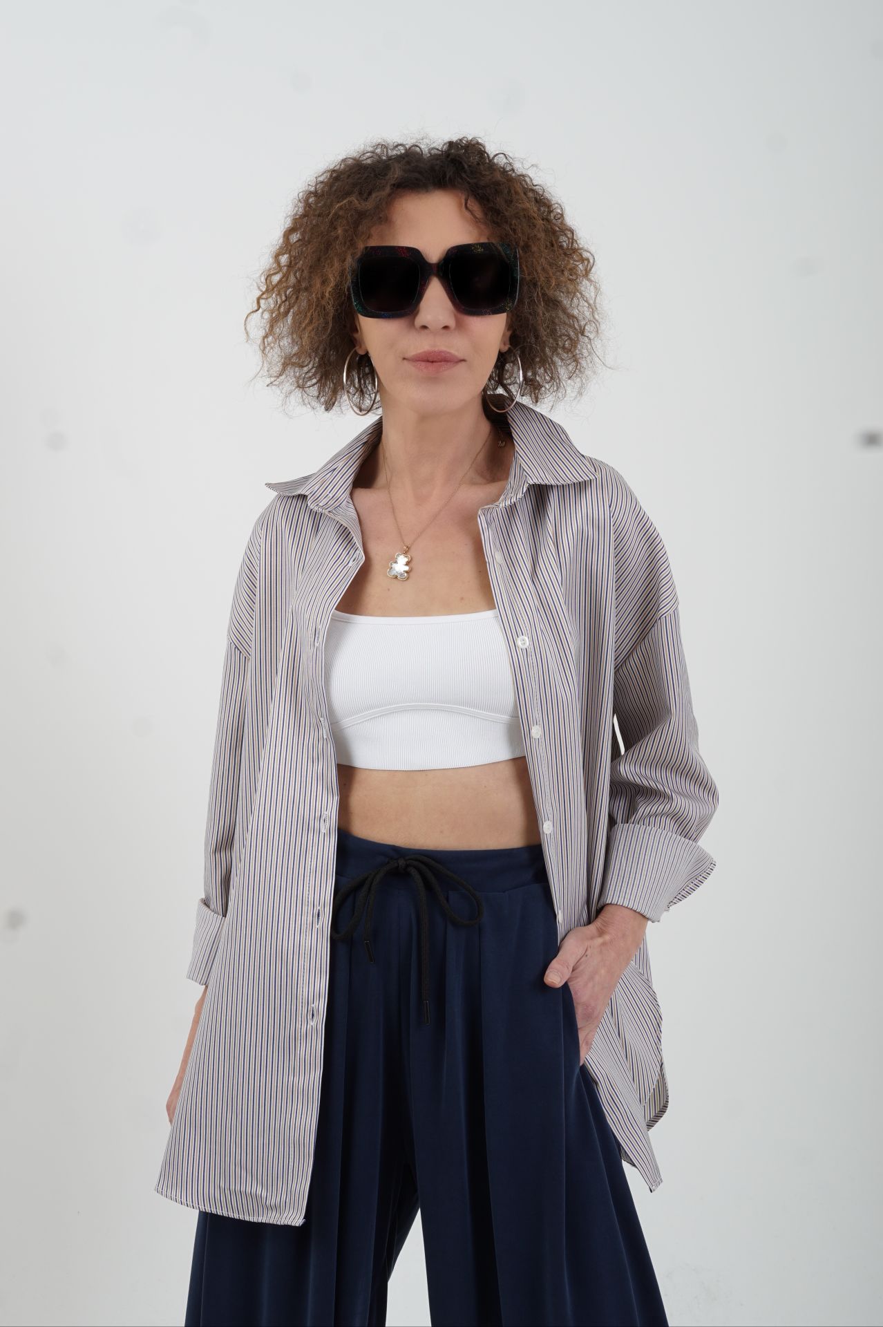 Lacivert Camel Çizgili Poplin Gömlek