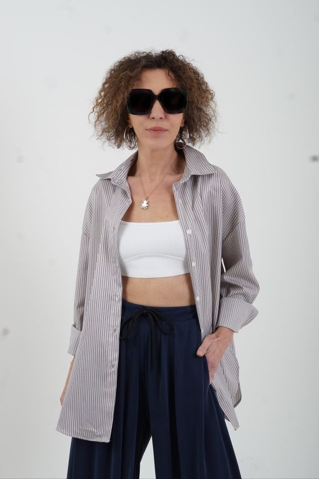 Lacivert Camel Çizgili Poplin Gömlek