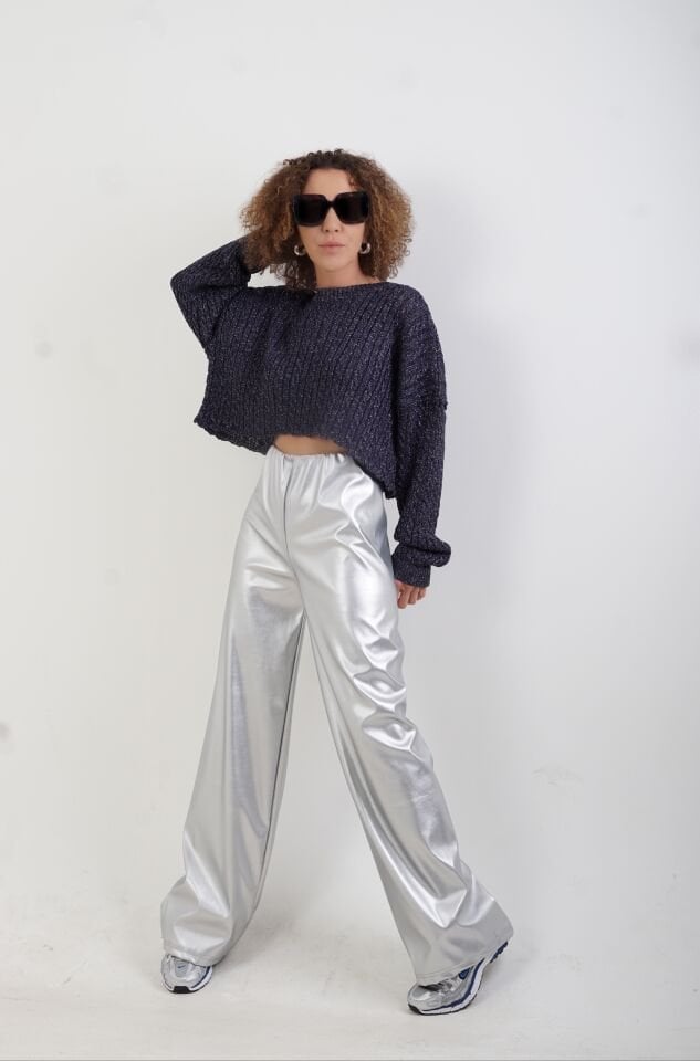 Gümüş Varak Beli Lastikli Bol Paça Pantolon